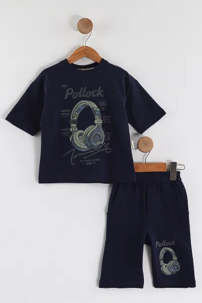 Lacivert (2-6 Yaş) Pollock Baskılı  Şortlu Süprem Erkek Çocuk Yazlık Takım 438098