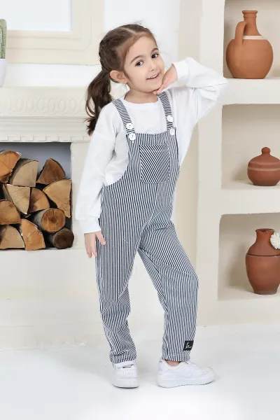 Lacivert (2-8 Yaş)Çizgili Badili Kız Çocuk Salopet Tulum 337456