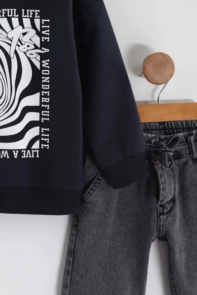 Lacivert (3-10 Yaş)   Baskılı Sweatli Kot Pantolonlu Erkek Çocuk 2'li Takım 437396