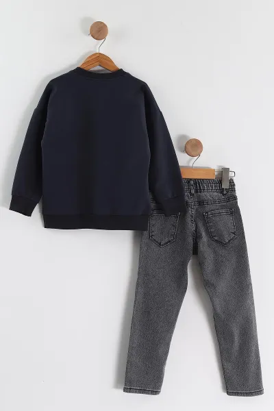 Lacivert (3-10 Yaş)   Baskılı Sweatli Kot Pantolonlu Erkek Çocuk 2'li Takım 437396
