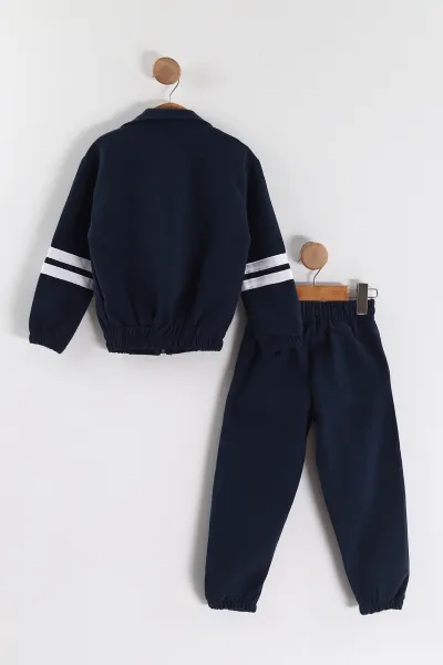 Lacivert (3-10 Yaş)Şeritli Fermuarlı Ceketli Gabardin Erkek Çocuk 3'lü  Takım 443385