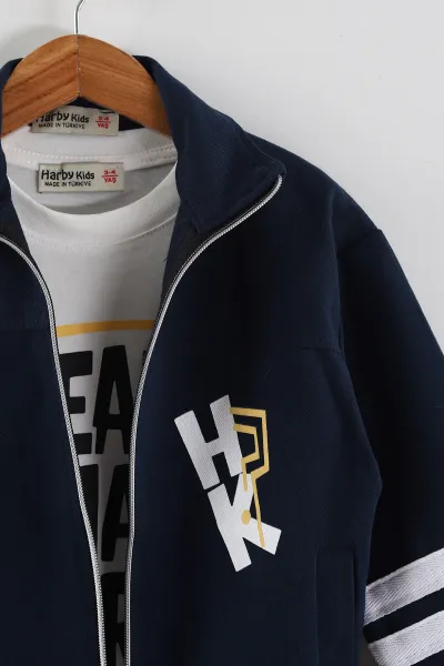 Lacivert (3-10 Yaş)Şeritli Fermuarlı Ceketli Gabardin Erkek Çocuk 3'lü  Takım 443385