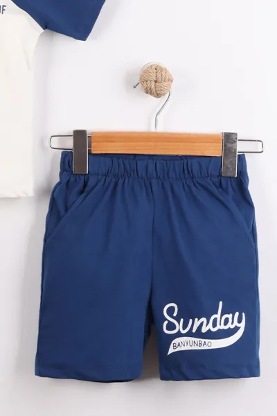 Lacivert (3-10 Yaş)Sunday Baskılı Yakalı Düğmeli Garnili Erkek Çocuk Takım 460727