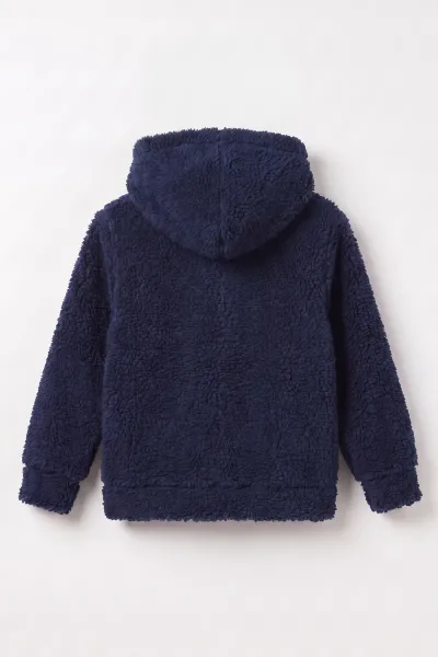 Lacivert (3-12 Yaş) Fermuarlı ve Kapüşonlu Erkek Çocuk Peluş Hırka 489018