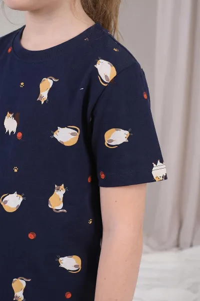 Lacivert (3-12 Yaş)Kedi Desenli Kız Çocuk Pijama Takımı 461472