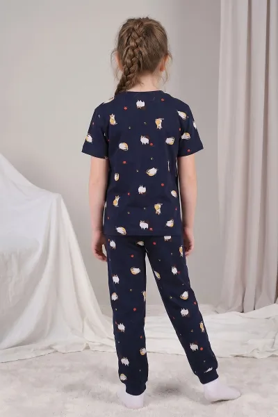 Lacivert (3-12 Yaş)Kedi Desenli Kız Çocuk Pijama Takımı 461472