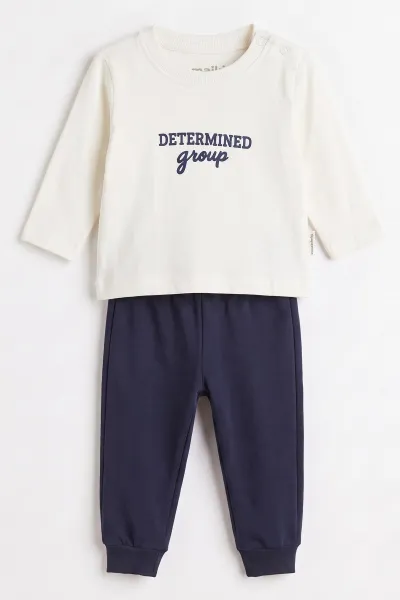 Lacivert (3-18 Ay) Nakışlı Kapüşonlu Hırkalı İki İp Erkek Bebek 3'lü Takım 487055