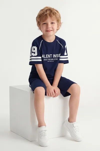 Lacivert (3-6 Yaş)Biye Detaylı Baskılı Şortlu Erkek Çocuk Takım 454267