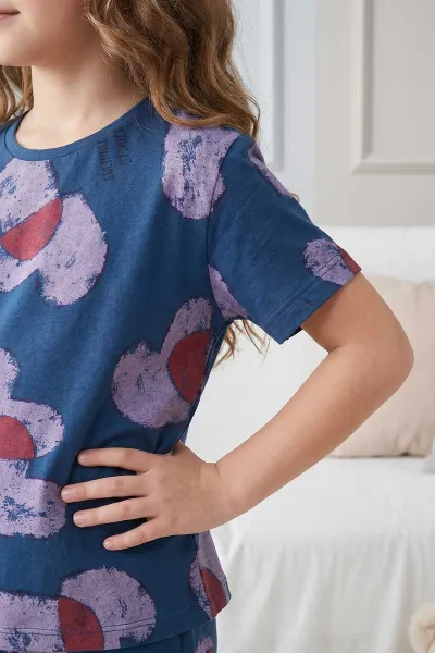 Lacivert (3-8 Yaş)Kalp Desenli Kız Çocuk Pijama Takımı 461489