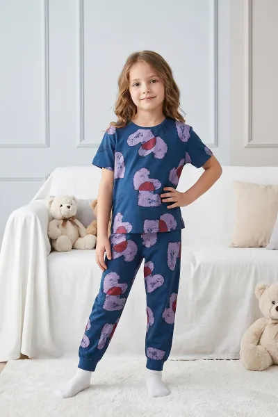 Lacivert (3-8 Yaş)Kalp Desenli Kız Çocuk Pijama Takımı 461489