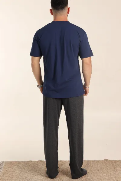 Lacivert 3 Düğmeli Süprem Kumaş Kısa Kol Erkek Pijama Takımı 357447