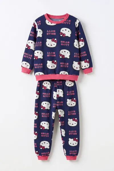 Lacivert (4-10 Yaş) Desenli 2 İp Kız  Çocuk Pijama Takım 483340