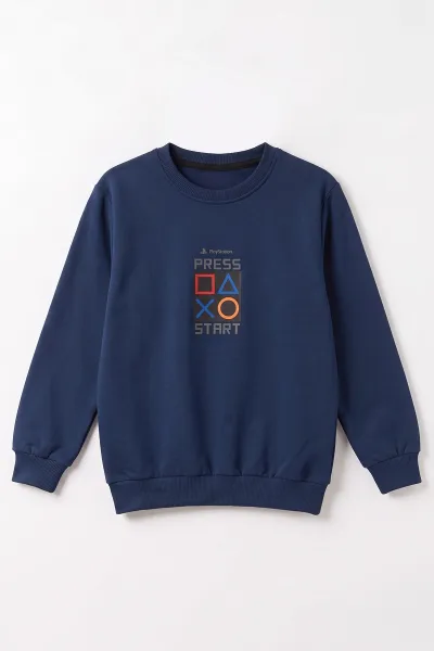 Lacivert (4-12 Yaş) Press Start Baskılı 2 İp Erkek Çocuk Sweatshirt 493693