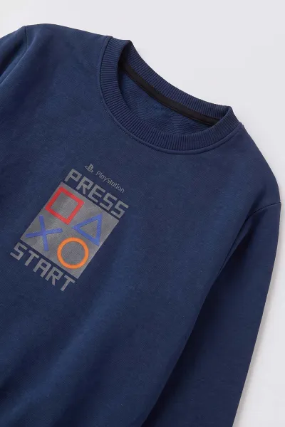 Lacivert (4-12 Yaş) Press Start Baskılı 2 İp Erkek Çocuk Sweatshirt 493693