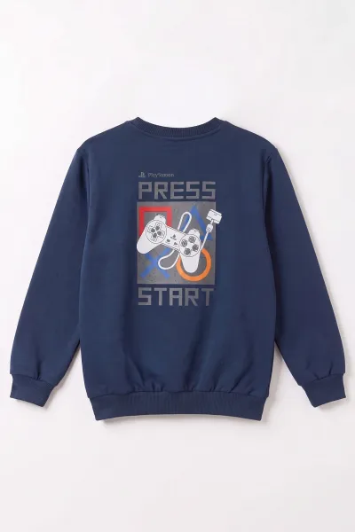 Lacivert (4-12 Yaş) Press Start Baskılı 2 İp Erkek Çocuk Sweatshirt 493693