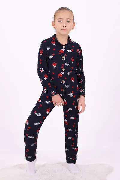 Lacivert (4-12 Yaş)Kalp Desenli Düğmeli Kız Çocuk Pijama Takımı 329809