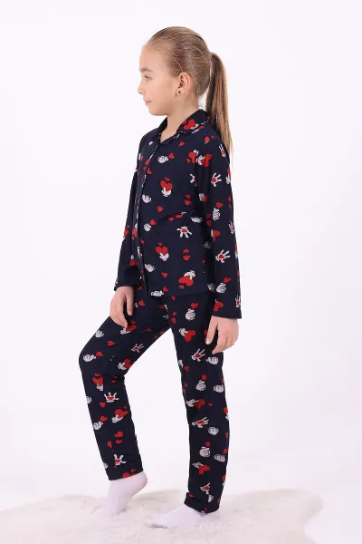 Lacivert (4-12 Yaş)Kalp Desenli Düğmeli Kız Çocuk Pijama Takımı 329809