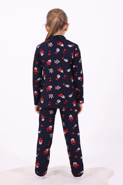 Lacivert (4-12 Yaş)Kalp Desenli Düğmeli Kız Çocuk Pijama Takımı 329809