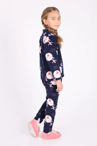 Lacivert (4-12 Yaş)Kar Tanesi  Desenli Polar Kumaş Kız Çocuk Pijama Takımı 327469