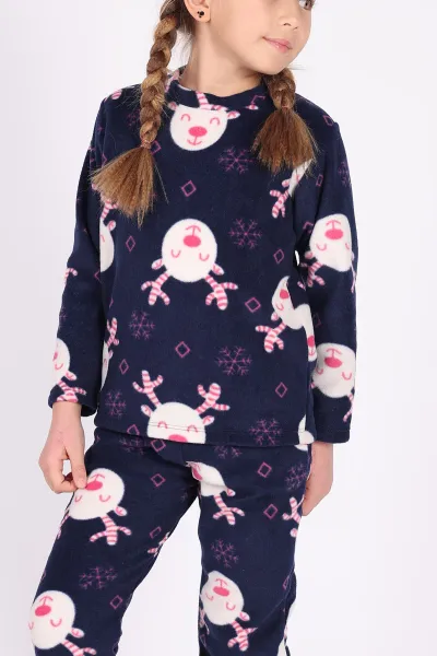 Lacivert (4-12 Yaş)Kar Tanesi  Desenli Polar Kumaş Kız Çocuk Pijama Takımı 327469