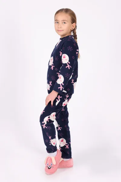 Lacivert (4-12 Yaş)Kar Tanesi  Desenli Polar Kumaş Kız Çocuk Pijama Takımı 327469