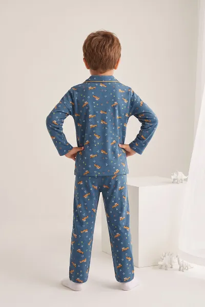 Lacivert (4-12 Yaş)Karakter  Desenli   Uzun Kol  Ön Düğmeli  Erkek  Çocuk Pijama Takım 473674