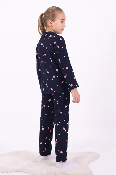 Lacivert (4-12 Yaş)Yıldız Desenli Düğmeli Kız Çocuk Pijama Takımı 329810