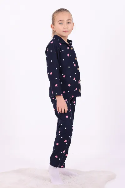 Lacivert (4-12 Yaş)Yıldız Desenli Düğmeli Kız Çocuk Pijama Takımı 329810