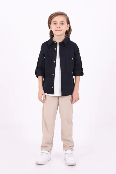 Lacivert (5-14 Yaş) Çift Cepli Oversize Kalıp Erkek Çocuk Gabardin Gömlek 323437