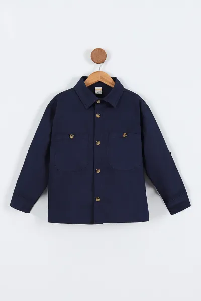Lacivert (5-14 Yaş) Çift Cepli Oversize Kalıp Erkek Çocuk Gabardin Gömlek 323437