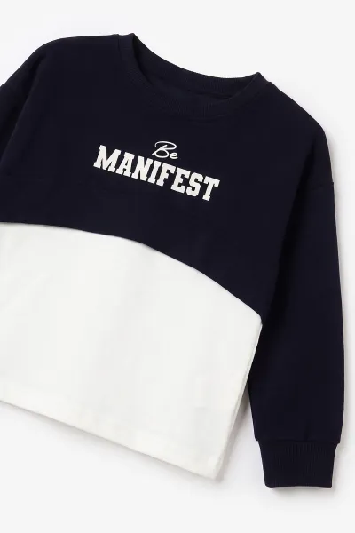 Lacivert (5-10 Yaş) Manifest Baskılı Oysho Kumaş Kız Çocuk Mevsimlik Takım 494965