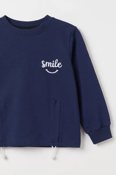 Lacivert (5-10 Yaş) Smile Nakışlı Stoperli Oysho Kız Çocuk Takım 482258