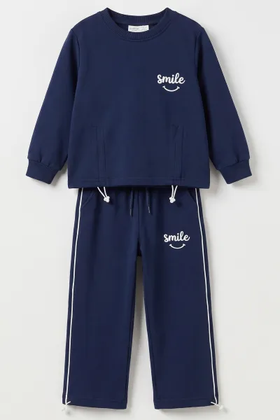 Lacivert (5-10 Yaş) Smile Nakışlı Stoperli Oysho Kız Çocuk Takım 482258