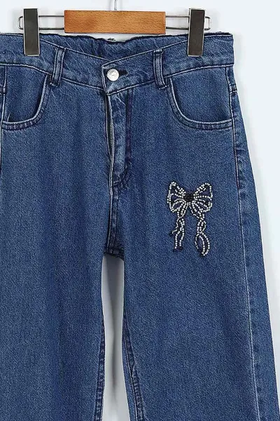 Lacivert (5-10 Yaş)Boncuklu Fiyonk Nakışlı Kız Çocuk Kot Pantolon 415240