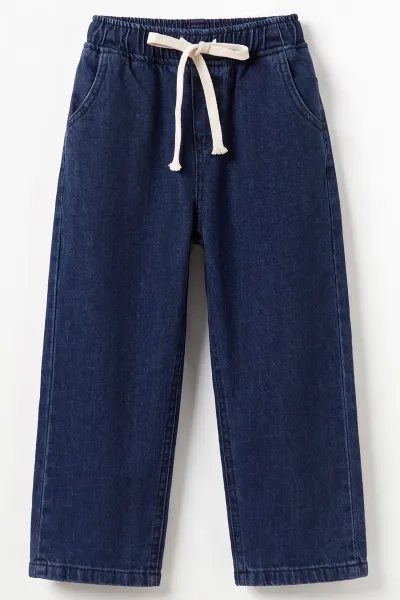 Lacivert (5-12 Yaş) Baggy  Belden Bağlamalı Erkek  Çocuk Kot Pantolon 490863