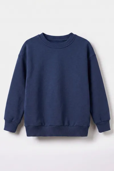 Lacivert (5-12 Yaş) Baskısız   Düz 3 İp Şardonlu Erkek Çocuk Sweatshirt 483586