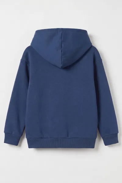 Lacivert (5-12 Yaş) Baskısız Fermuarlı Kapüşonlu 3 ip Şardonlu Erkek Çocuk Sweatshirt 483574