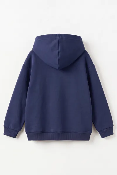 Lacivert (5-12 Yaş)Kapüşonlu Baskısız Üç İp Şardonlu Erkek Çocuk Sweatshirt 492185