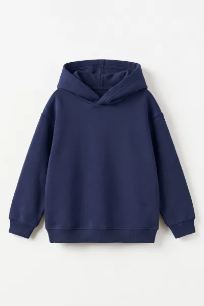 Lacivert (5-12 Yaş)Kapüşonlu Baskısız Üç İp Şardonlu Erkek Çocuk Sweatshirt 492185