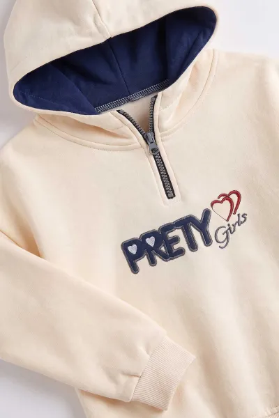 Lacivert (5-12 Yaş)Kapüşonlu Yarım Fermuarlı Prety Nakışlı 3 İp Şardonlu Kız Çocuk Takım 486320