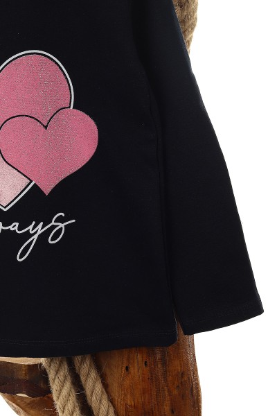 Lacivert (5-8 Yaş) kalp Love Baskılı  İki İp Şardonlu Kız Çocuk Sweat 149049