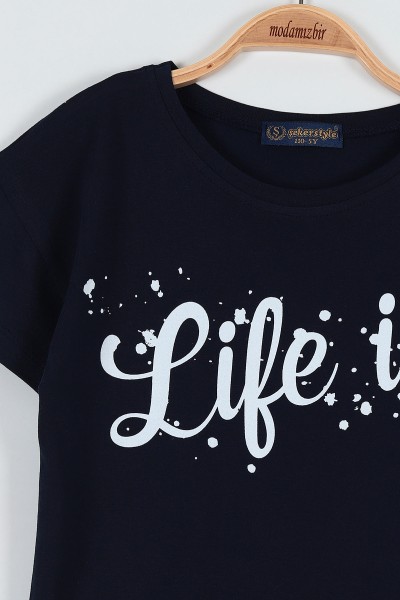 Lacivert (5-8 Yaş) Life İs Baskılı Taytlı Kız Çocuk Takım 187157