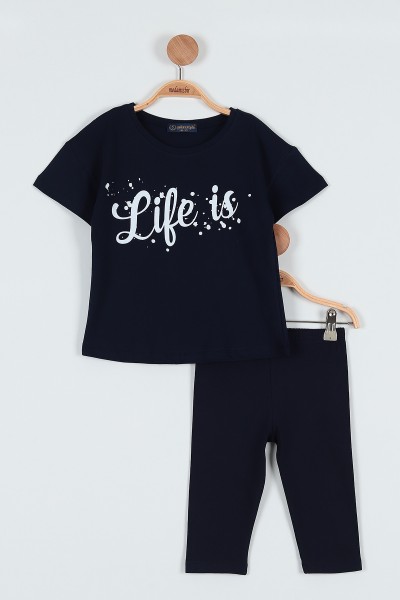 Lacivert (5-8 Yaş) Life İs Baskılı Taytlı Kız Çocuk Takım 187157