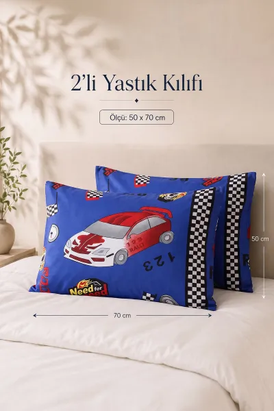 Lacivert 50x70 Cm Araba Temalı Bella Home Jelatinde Kapaklı Erkek Çocuk 2'li Yastık kılıfı 474148