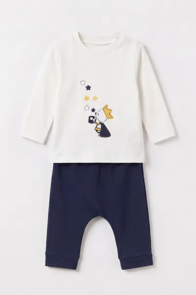 Lacivert (6-12 Ay) Nakışlı Pelüş Ceketli Pantolon Sweatshirt 3'lü Kız Bebek Takım 495566