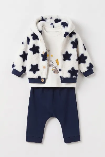 Lacivert (6-12 Ay) Nakışlı Pelüş Ceketli Pantolon Sweatshirt 3'lü Kız Bebek Takım 495566