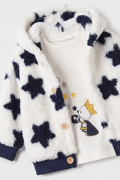 Lacivert (6-12 Ay) Nakışlı Pelüş Ceketli Pantolon Sweatshirt 3'lü Kız Bebek Takım 495566