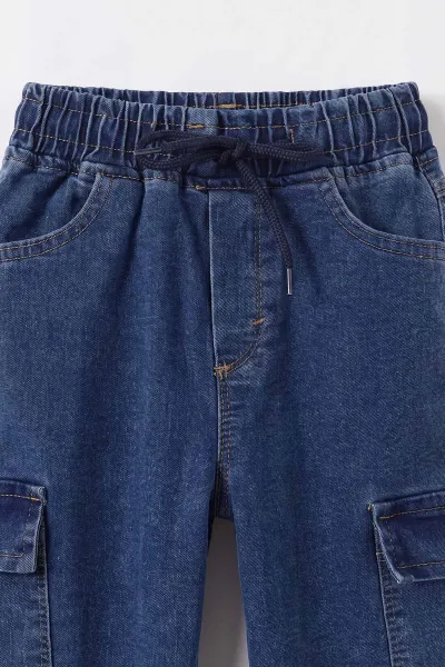 Lacivert (6-12 Yaş) Kargo Cepli Beli Lastikli Erkek Çocuk Kot Pantolon 493029