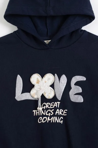 Lacivert (6-12 Yaş)Love Baskılı Çiçek Aplikeli Kapüşonlu 3 İp Şardonlu Kız Çocuk Takım 479618