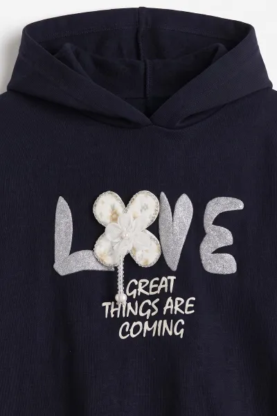 Lacivert (6-12 Yaş)Love Baskılı Çiçek Aplikeli Kapüşonlu 3 İp Şardonlu Kız Çocuk Takım 479618